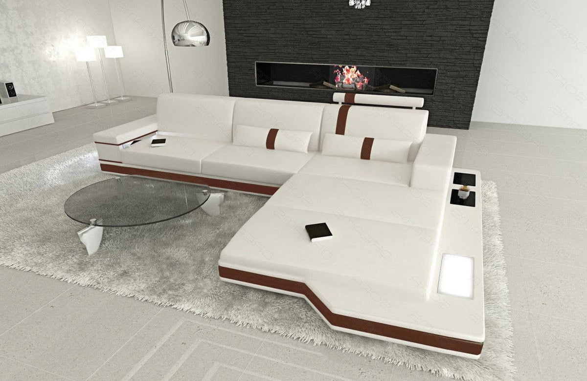 Couch Messana L-Form in Leder weiß-dunkelbraun