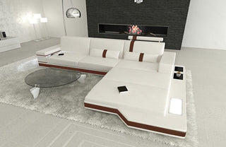 Couch Messana L-Form in Leder weiß-dunkelbraun