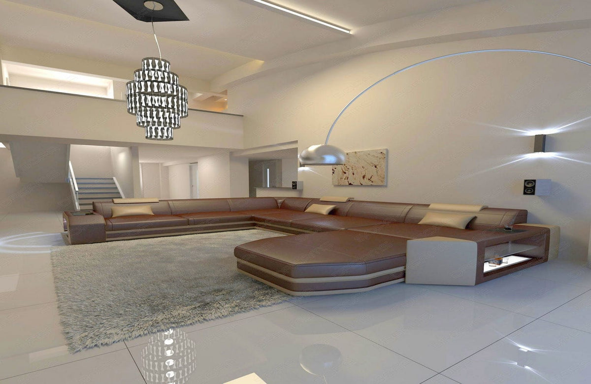 Mini XXL Wohnlandschaft Mega Prato U-Form in Leder Dunkelbraun-Sandbeige