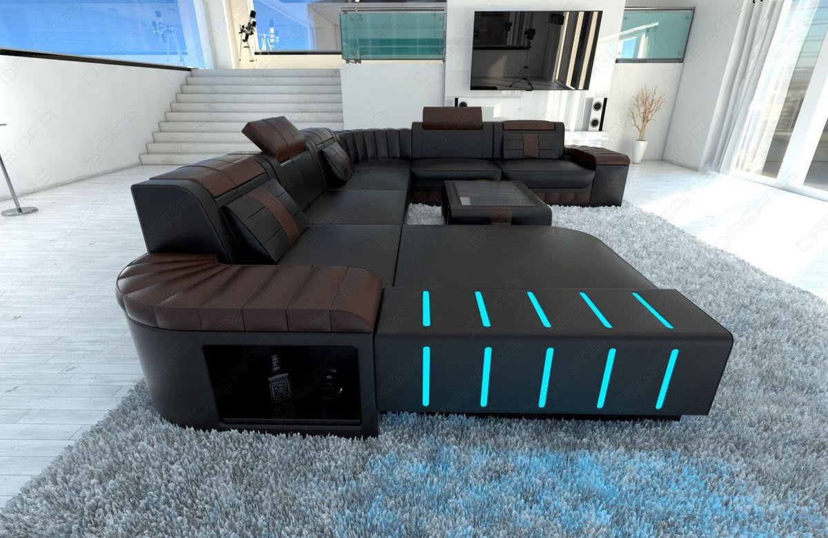 Mini XXL Wohnlandschaft Bellagio U-Form in Leder Schwarz-Dunkelbraun