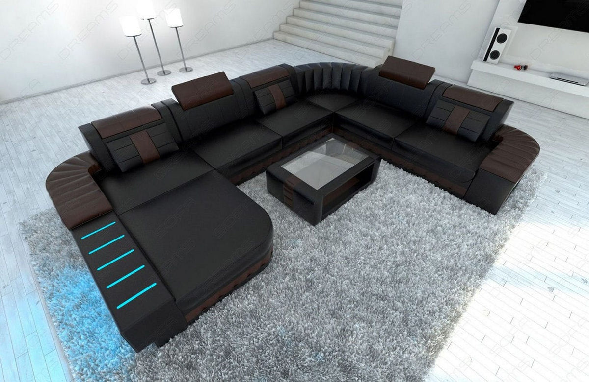 XXL Wohnlandschaft Bellagio U-Form aus Leder schwarz-dunkelbraun