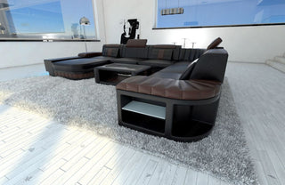 XXL Wohnlandschaft Bellagio U-Form aus Leder schwarz-dunkelbraun