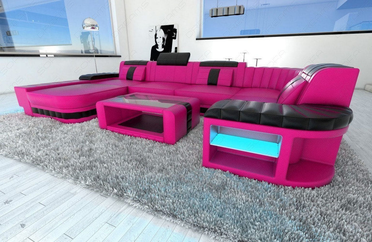 Wohnlandschaft Bellagio U-Form aus Leder pink-schwarz