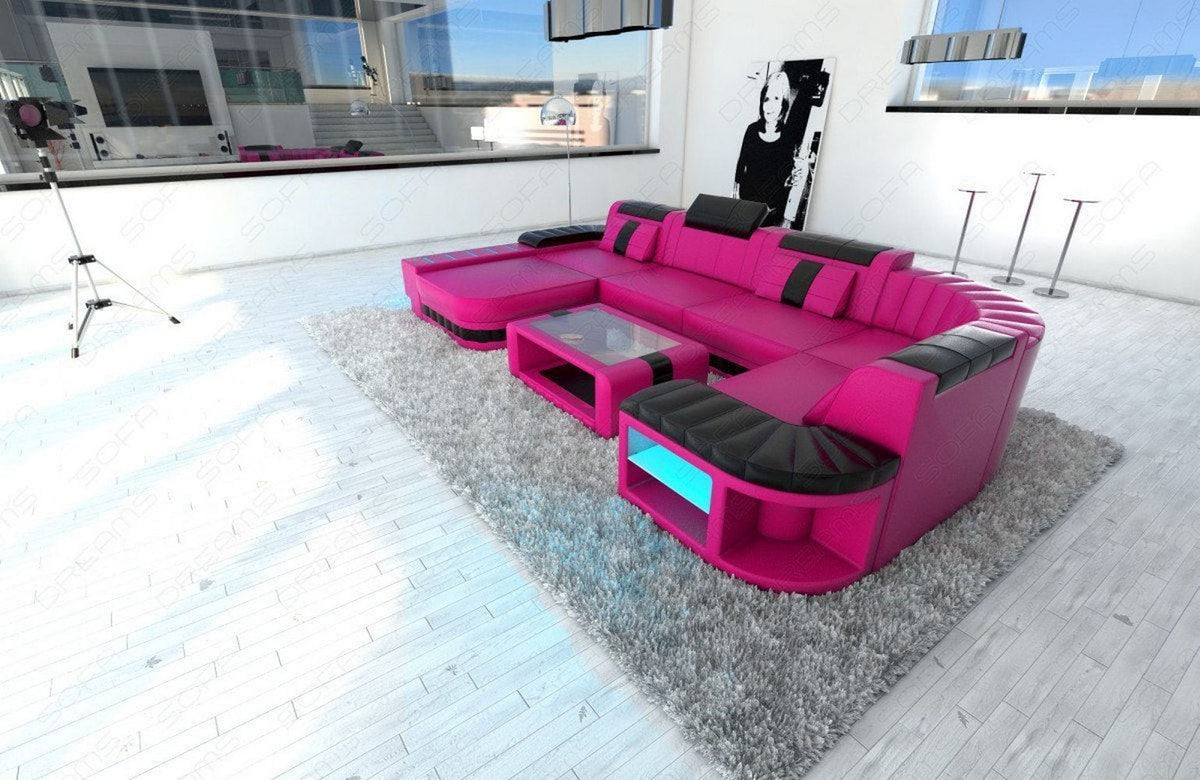 Wohnlandschaft Bellagio U-Form aus Leder pink-schwarz