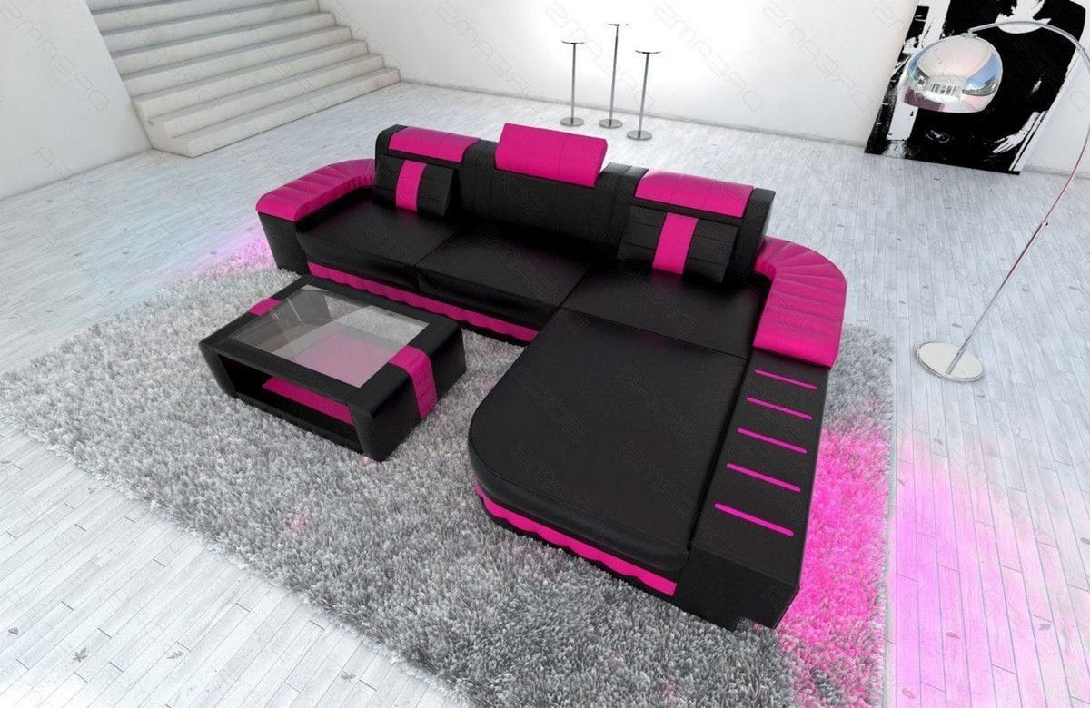Mini Couch Bellagio L-Form in Leder Schwarz-Pink