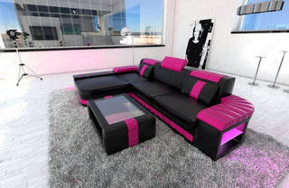 Ecksofa Bellagio L-Form in Leder schwarz-pink