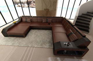 Mini XXL Wohnlandschaft Matera U-Form in Leder Dunkelbraun-Schwarz