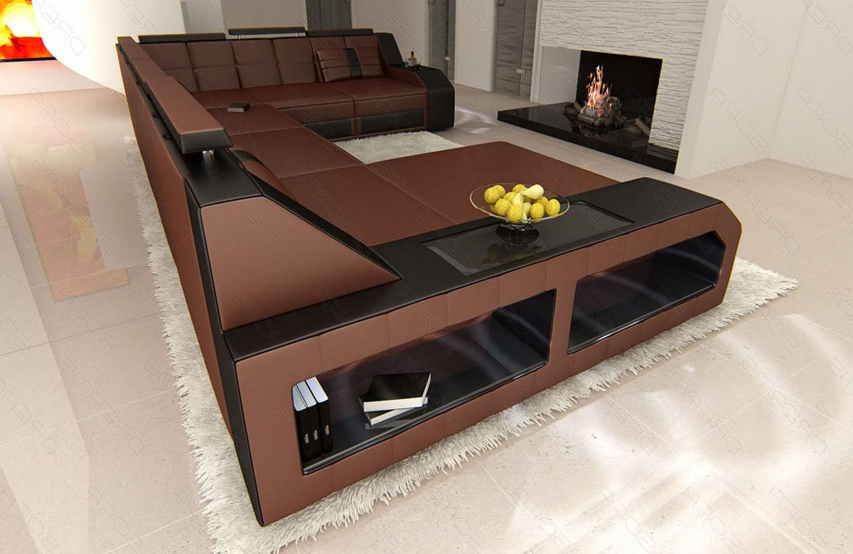 Mini XXL Wohnlandschaft Matera U-Form in Leder Dunkelbraun-Schwarz