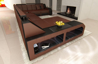 Mini XXL Wohnlandschaft Matera U-Form in Leder Dunkelbraun-Schwarz