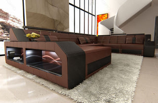 Mini XXL Wohnlandschaft Matera U-Form in Leder Dunkelbraun-Schwarz