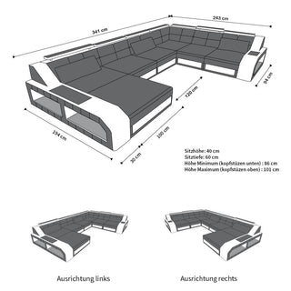 Mini XXL Wohnlandschaft Matera U-Form in Leder Dunkelbraun-Schwarz