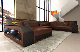 XXL Wohnlandschaft Matera U-Form aus Leder dunkelbraun-schwarz