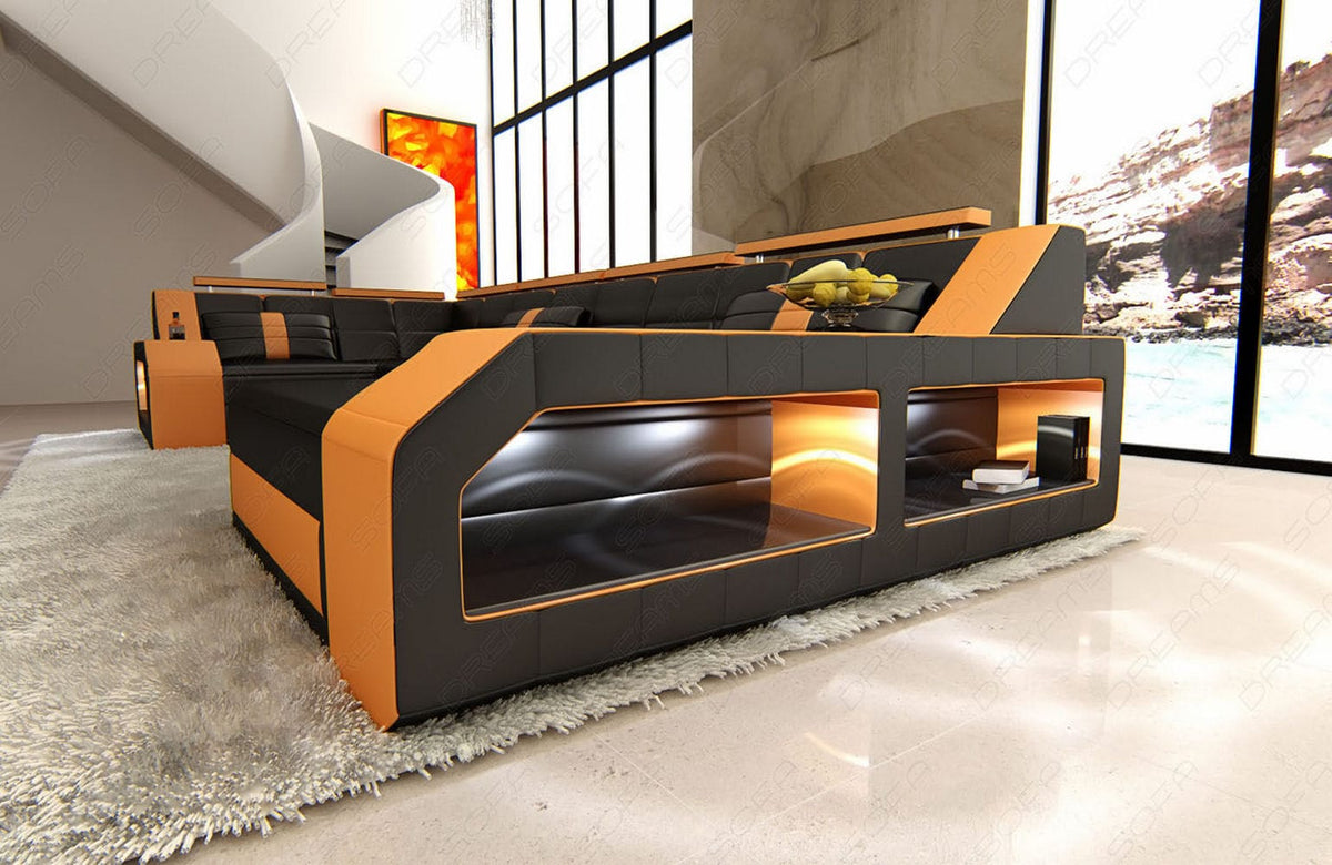 Leder Couch Arezzo U-Form schwarz-orange