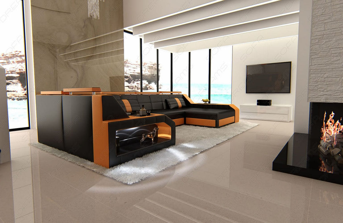 Leder Couch Arezzo U-Form schwarz-orange