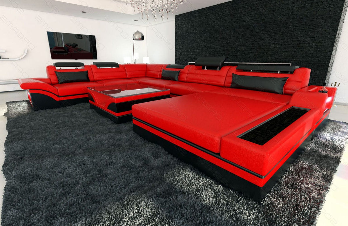 Mini XXL Wohnlandschaft Mezzo U-Form aus Leder Rot-Schwarz