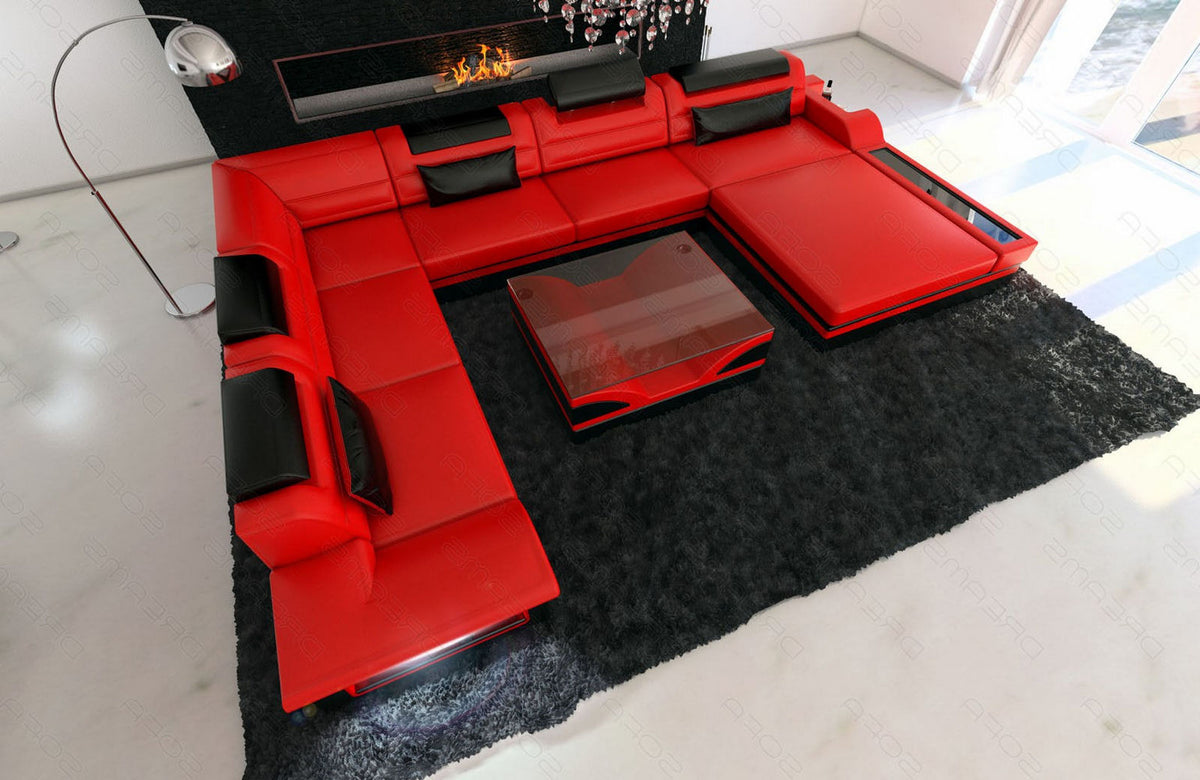 Mini XXL Wohnlandschaft Mezzo U-Form aus Leder Rot-Schwarz