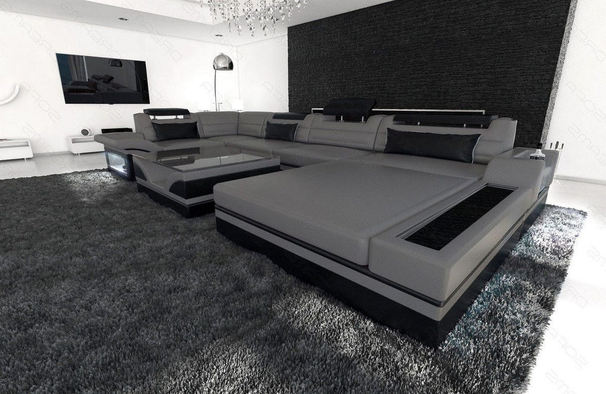 Sofa Mezzo U-Form in Leder grau-schwarz