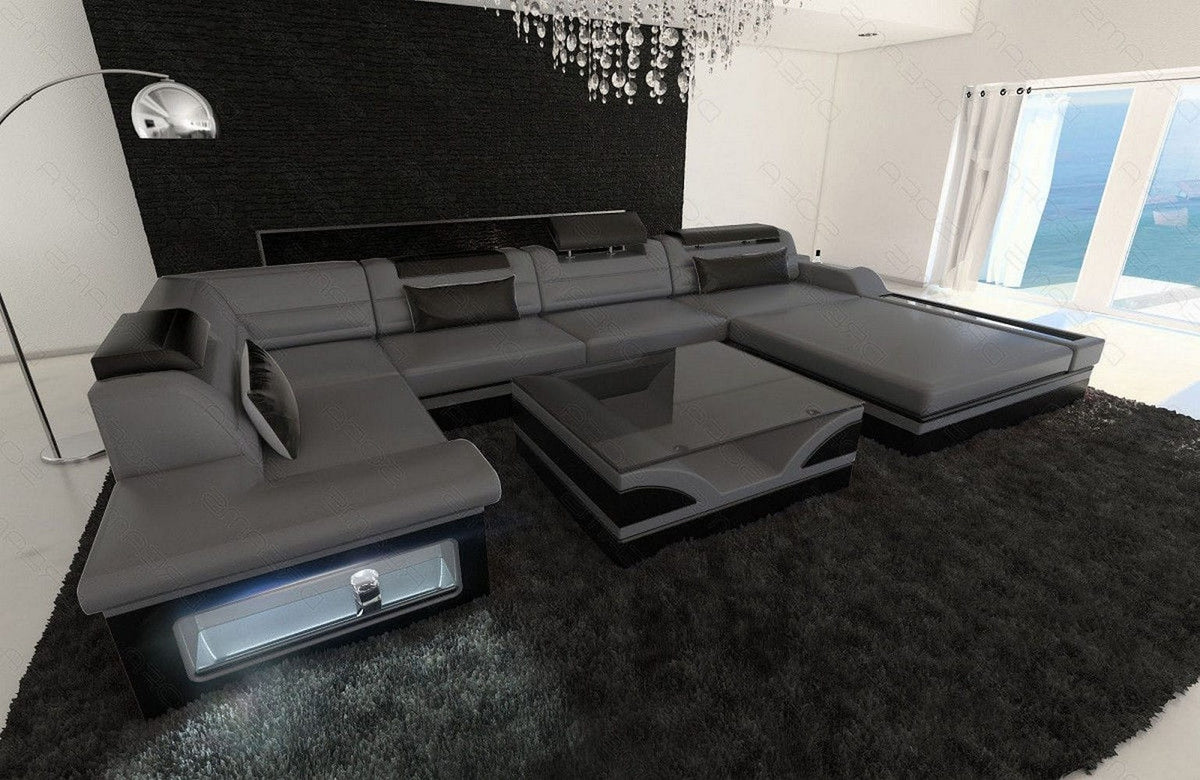Sofa Mezzo U-Form in Leder grau-schwarz