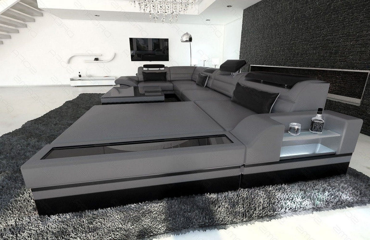 Sofa Mezzo U-Form in Leder grau-schwarz