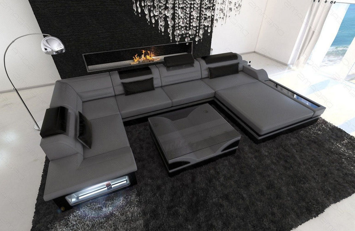 Sofa Mezzo U-Form in Leder grau-schwarz