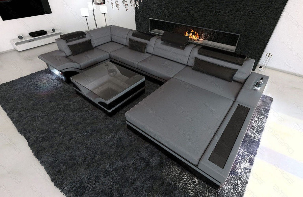 Sofa Mezzo U-Form in Leder grau-schwarz