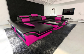 Sofa Enzo U-Form in Leder schwarz-pink