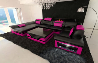 Sofa Enzo U-Form in Leder schwarz-pink