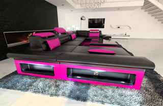 Sofa Enzo U-Form in Leder schwarz-pink