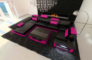 Sofa Enzo U-Form in Leder schwarz-pink
