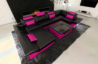 Sofa Enzo U-Form in Leder schwarz-pink