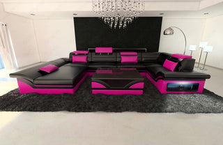 Sofa Enzo U-Form in Leder schwarz-pink