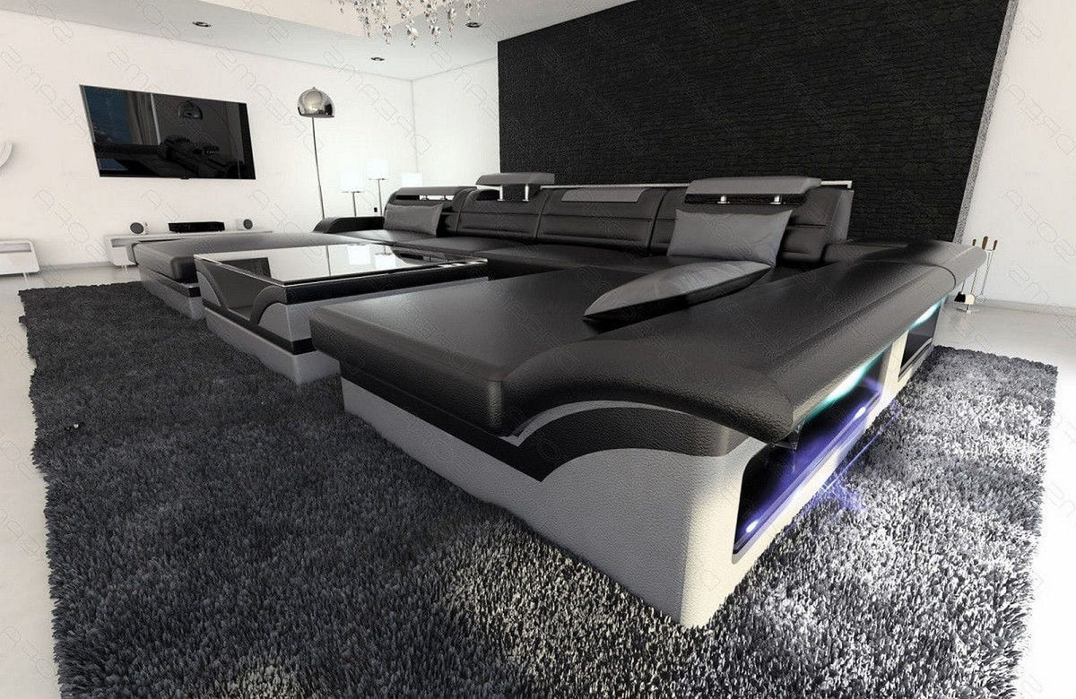 Wohnlandschaft Monza U-Form in Leder schwarz-grau