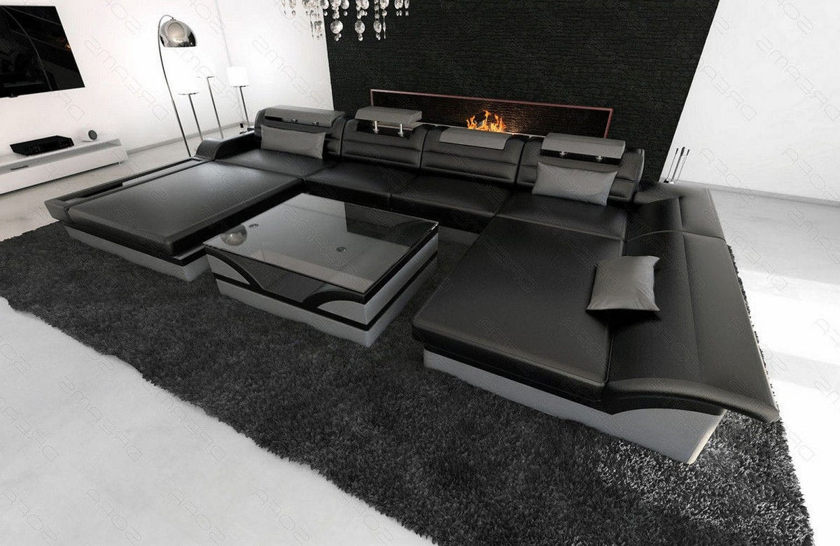 Wohnlandschaft Monza U-Form in Leder schwarz-grau