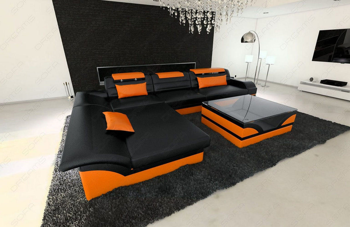Couch Monza L-Form in Leder schwarz-orange