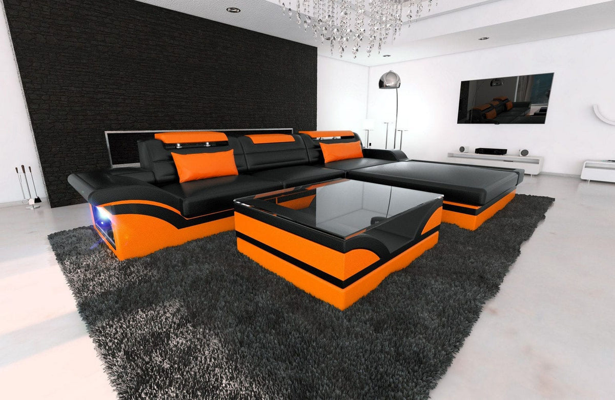 Mini Ecksofa Parma L-Form in Leder Schwarz-Orange