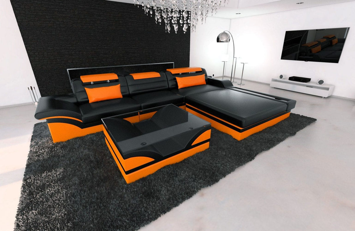 Mini Ecksofa Parma L-Form in Leder Schwarz-Orange