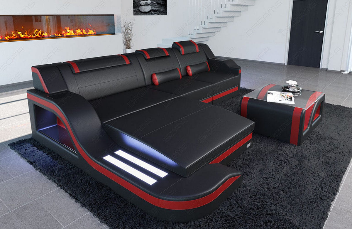 Ecksofa Palermo L-Form in Leder schwarz-rot