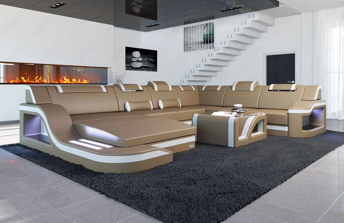 Mini XL Wohnlandschaft Palermo U-Form in Leder Sandbeige-Weiß