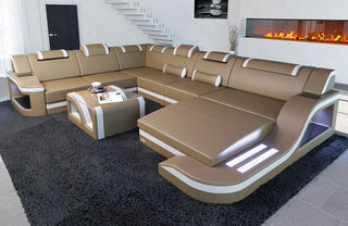 XXL Wohnlandschaft Palermo U-Form aus Leder sandbeige-weiß