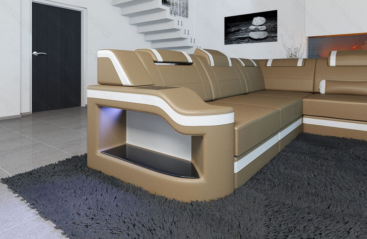 XXL Wohnlandschaft Palermo U-Form aus Leder sandbeige-weiß
