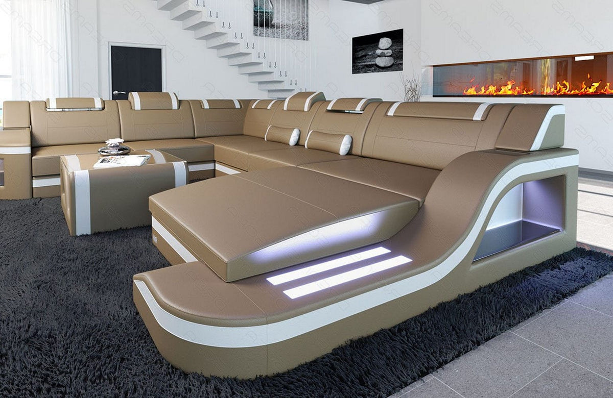 XXL Wohnlandschaft Palermo U-Form aus Leder sandbeige-weiß