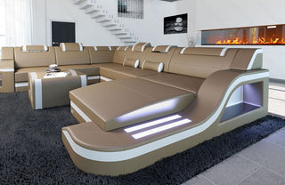XXL Wohnlandschaft Palermo U-Form aus Leder sandbeige-weiß