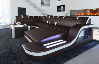 Mini Wohnlandschaft Palermo U-Form aus Leder Dunkelbraun-Weiß