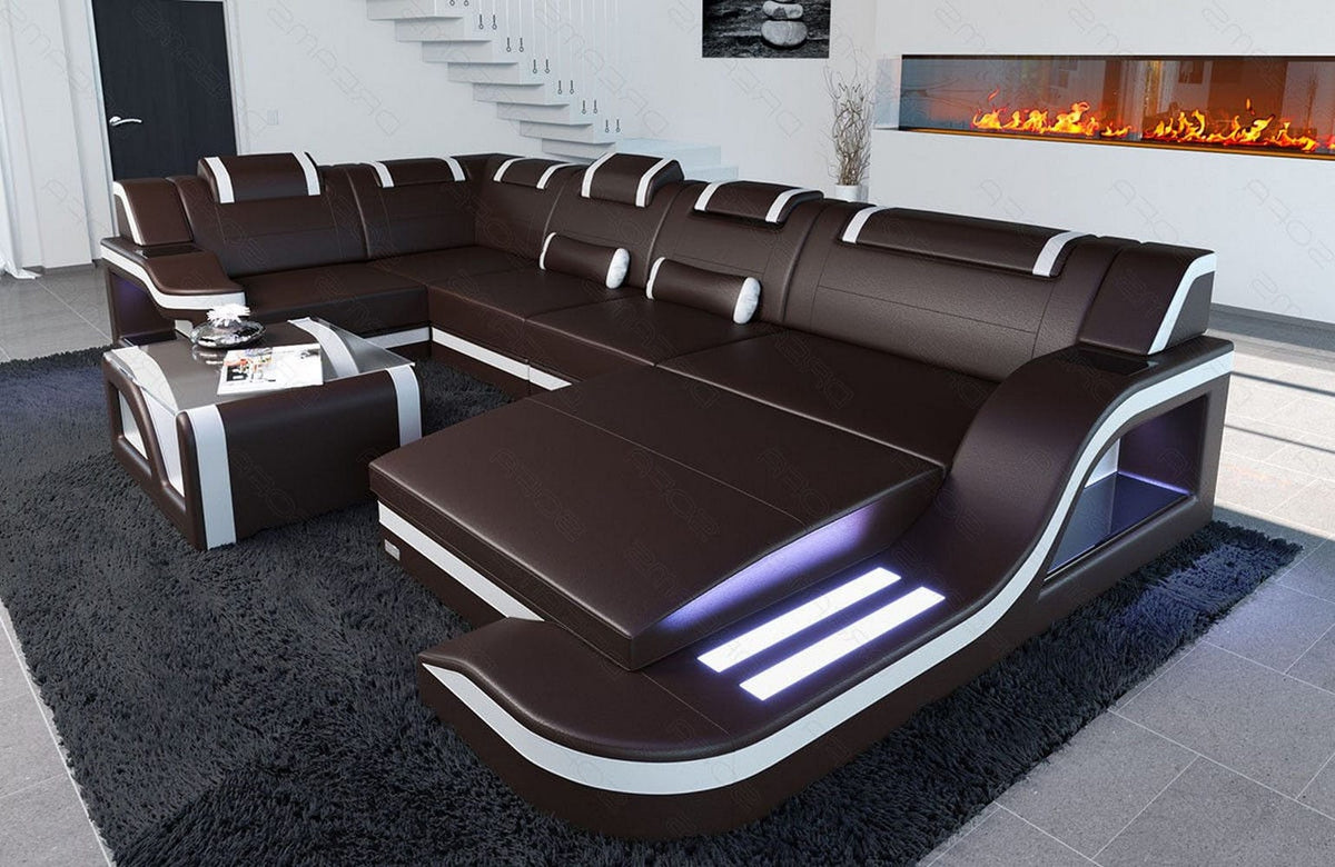 Mini Wohnlandschaft Palermo U-Form aus Leder Dunkelbraun-Weiß