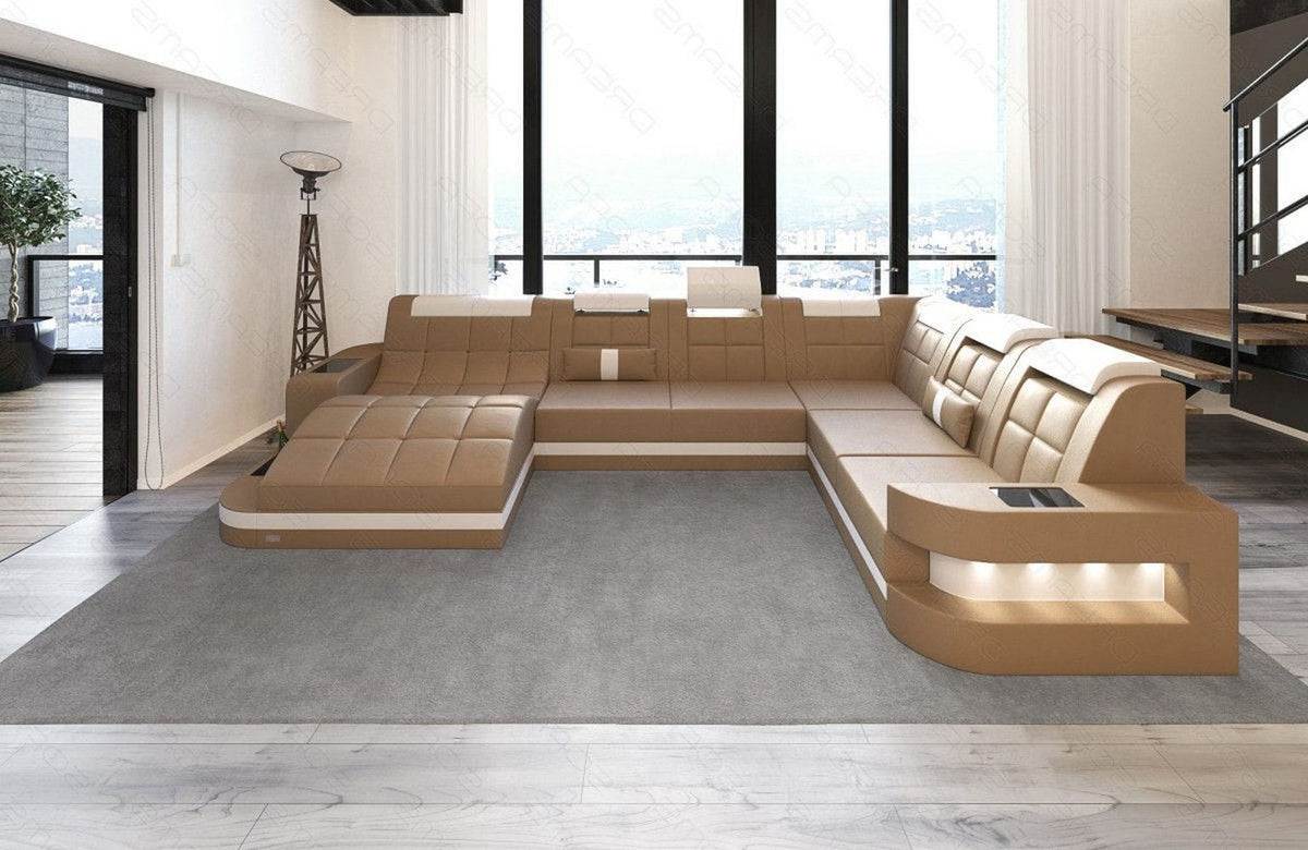 Wohnlandschaft Wave XXL U-Form in Leder sandbeige-weiß