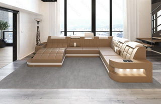 Wohnlandschaft Wave XXL U-Form in Leder sandbeige-weiß