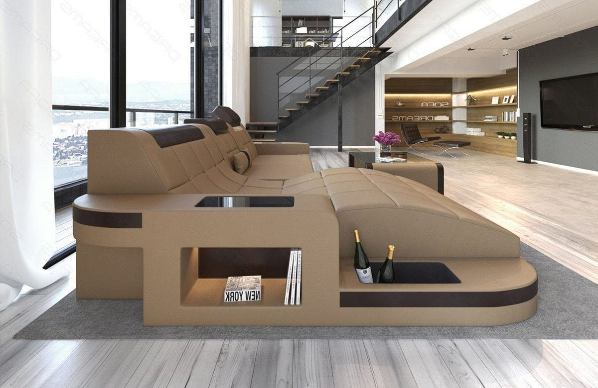 Mini Ecksofa Wave L-Form aus Leder Sandbeige-Dunkelbraun