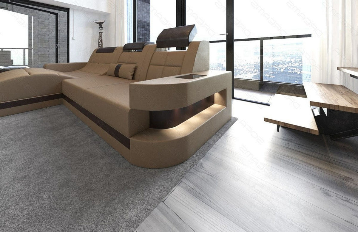 Design Ledersofa Wave L-Form mit LED sandbeige-dunkelbraun
