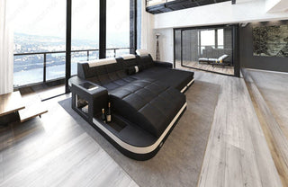 Design Ledersofa Wave L-Form mit LED sandbeige-dunkelbraun