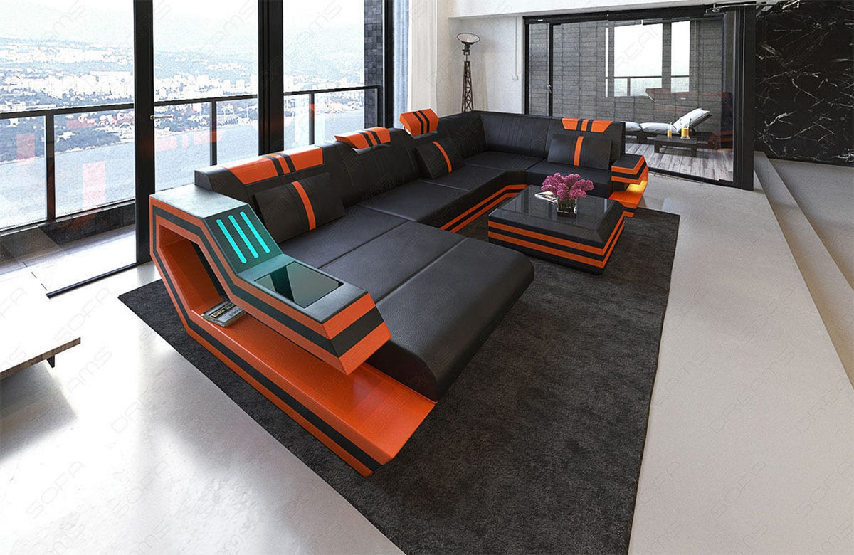 Wohnlandschaft Ravenna U-Form in Leder schwarz-orange